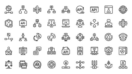 A collection of 49 black outline icons, each representing a distinct graphic element related to digital processes, data flow, and networking