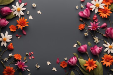 Flowers on dark background with copy space. Floral frame