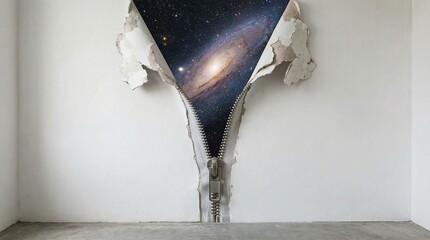 Surreal concept of a large metal zipper opening on a plain white wall to reveal a glowing galaxy and stars