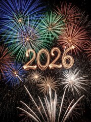Vivid Fireworks Celebration Illuminates the Night Sky with 2026 Sparkling Numbers.