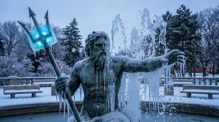 Fototapeta premium Frozen Statue of Neptune Holding a Glowing Blue Trident in a Winter Park with Icicles and Snow