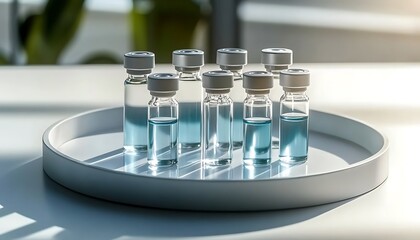 Group of medicine vials with blue liquid on tray for medical treatment