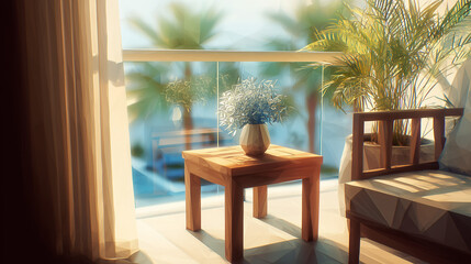 リゾートホテル客室のバルコニーに置かれたサイドテーブルが、静かな朝の時間を演出する南国の情景の水彩ポリゴン