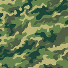 Fototapeta premium Green Woodland Camouflage Seamless Pattern Vector. Classic Olive Green and Khaki Army Texture. Military Forest Camo Background for Uniforms.