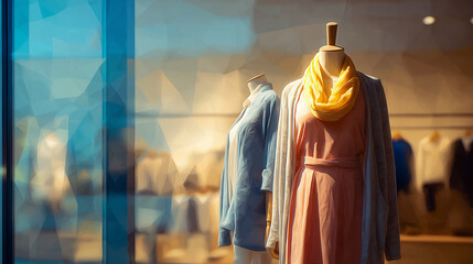コーディネートを提案するマネキンが、アパレル売り場の入口で視線を引きつける演出空間の水彩ポリゴン