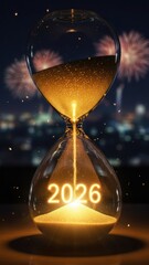 Glowing Hourglass Countdown to 2026 Amid Fireworks at Night.