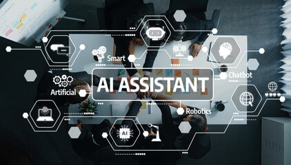 Collaborative Workspace with AI Assistant Concept and Technology Icons Depicting Modern Robotics and Smart Solutions in Business Environment. Amity