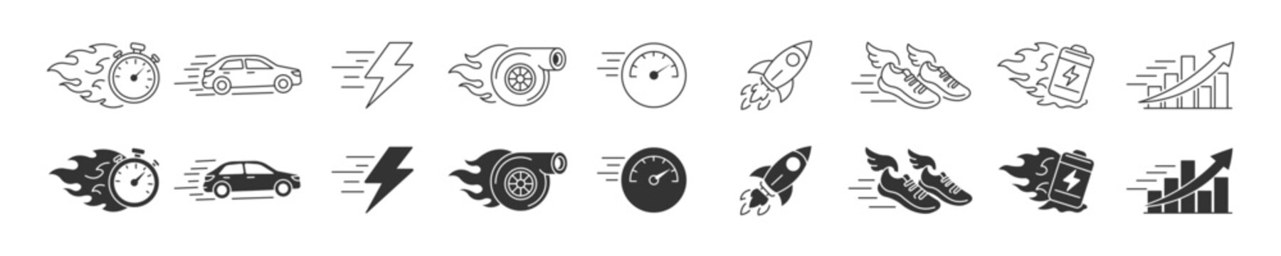 Speed and Performance Icons Set, Fast Delivery, quick time icon and Rapid Growth Symbols, Turbo, Rocket and Acceleration Concept, Vector Illustration