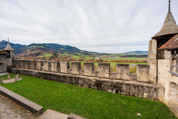 Gruyeres Castle stone wall. Gruyeres, Canton of Fribourg, Switzerland.