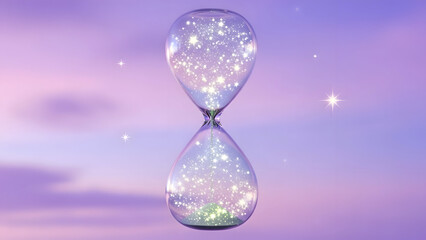 Glitter hourglass on a purple background with sparkles and stars