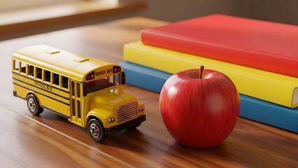 A yellow school bus and a red apple with books on a wooden table