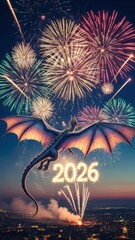 Night Fireworks Over Dragon Silhouette Celebrating 2026.