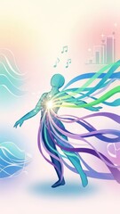 Abstract ethereal figure with flowing colorful ribbons and musical notes in soft gradients.