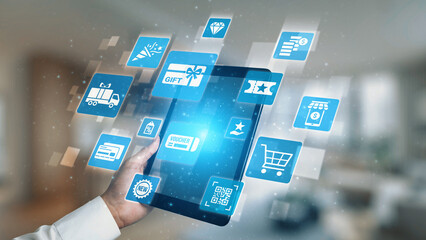 Digital gift card icons show e-commerce, payment, and digital gift card redemption. Digital gift card supports online shopping, secure payment, and customer loyalty programs. Gist