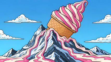 A pink and white ice cream cone melting on top of a snowy mountain peak with blue sky and clouds