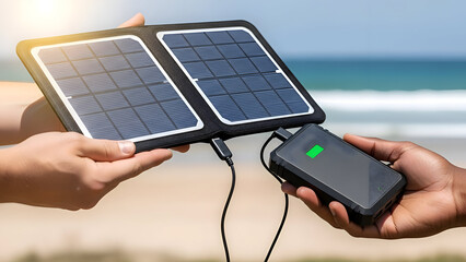 Hands holding solar panel and power bank on a sunny beach with ocean waves in the background for renewable energy
