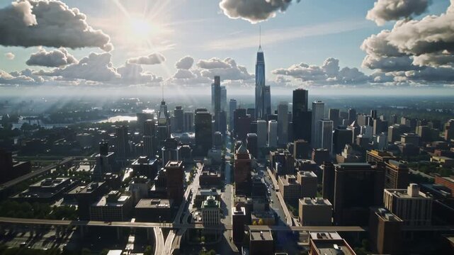 Fast motion video of drone descending through cloud layers and clouds breaking apart and moving rapidly down to large city streets full of people and cars.AI Generative.