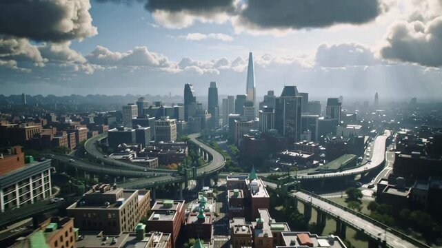 Fast motion video of drone descending through cloud layers and clouds breaking apart and moving rapidly down to large city streets full of people and cars.AI Generative.