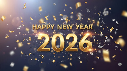 Happy New Year 2026 celebration with confetti and gold text.
