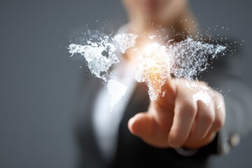 Businesswoman interacts with global business concept, showcasing connectivity and innovation in a modern workspace