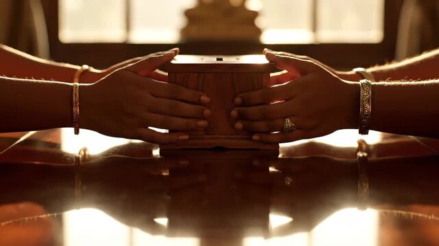 Hands on a wooden offering box, symbolizing contribution and shared purpose indoors