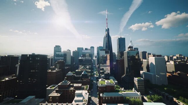 Fast motion video of drone descending through cloud layers and clouds breaking apart and moving rapidly down to large city streets full of people and cars.AI Generative.
