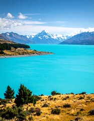 Fototapeta premium Vibrant turquoise lake, snow-capped mountains