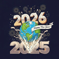 New Year Celebration Graphic Featuring Earth, Fireworks, and 2025/2026 Milestones.