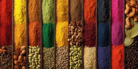 Vibrant array of spices and herbs in colorful rows.