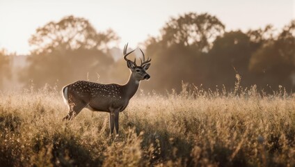 Naklejka premium Majestic Deer in a Golden Sunrise Meadow.