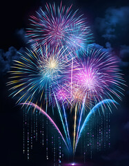 Colorful, neon, New Year's Eve background with fireworks