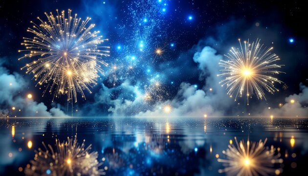 Fajerwerki na tle zamglonego nieba. Tło sylwestrowe