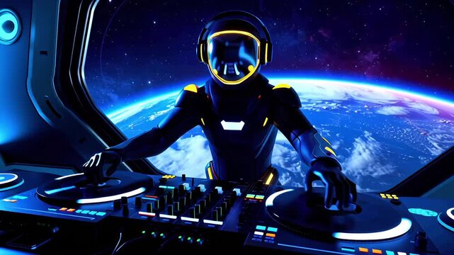 Astronaut DJ in space Cosmic Music Performance Electronic Musician Entertainment Starry Alien Sound Concert