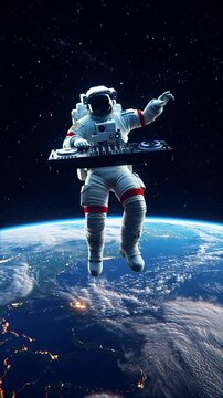 Floating astronaut DJ in space Cosmic Music Performance Electronic Musician Entertainment Starry Alien Sound Beat