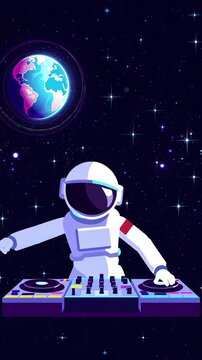 Astronaut DJ in space Cosmic Music Performance Electronic Musician Entertainment Starry Alien Sound Beat 2D Cartoon