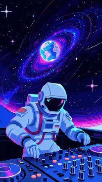 Astronaut DJ in space Cosmic Music Performance Electronic Musician Entertainment Starry Alien Sound Beat Pixelated