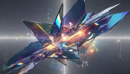 Crystalline geometric structure with sharp glass shards refracting vibrant light and rainbow colors against a digital space background