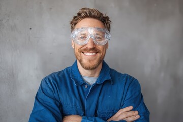 Smiling man in blue shirt and goggles poses for a cheerful portrait indoors during a sunny afternoon