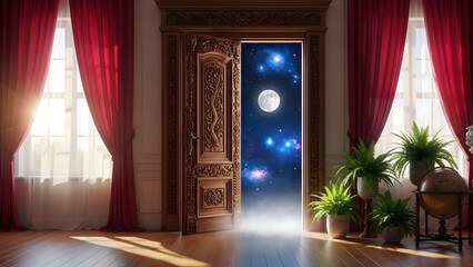 An ornate doorway leading to a mystical night sky with a full moon and stars shining through with plants and curtains in the foreground of a luxurious room