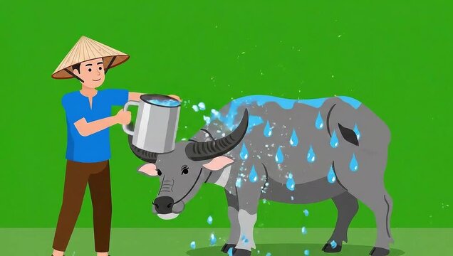 Farmer spraying water on buffalo using metal mug  vector amination on green screen