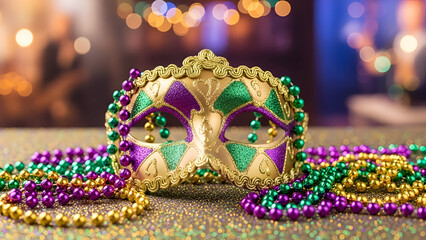 A gold mardi gras mask with purple,  green,  and beads on a glittery surface with bokeh background
