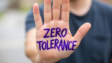 Man showing hand with zero tolerance written on it