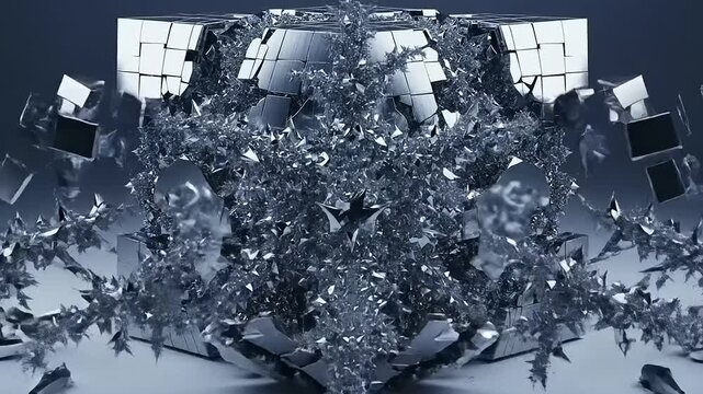 Abstract Geometric Sculpture Made of Reflective Metallic Cubes.