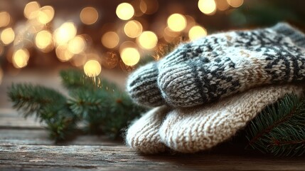 Obraz premium Cozy winter scene with knitted mittens, fir branch, and bokeh lights.