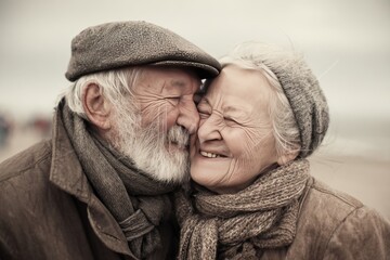 Mature senior couple enjoys a moment of love and joy on a cool day at the beach, sharing smiles and warmth while wrapped in cozy scarves