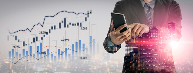 A businessman holds a smartphone while analyzing financial graphs related to stock market trends. The overlaid visuals depict a dynamic fusion of business and urban growth. Scalp