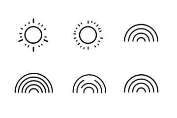 A minimalist illustration of suns and rainbows in black lines on a white background