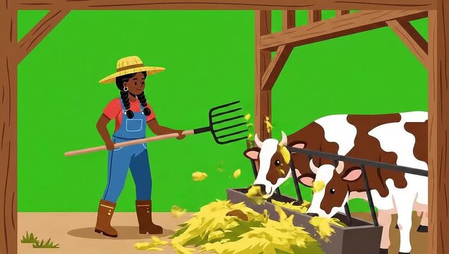 Farmer spreading fodder inside cattle shed vector animatino on green screen