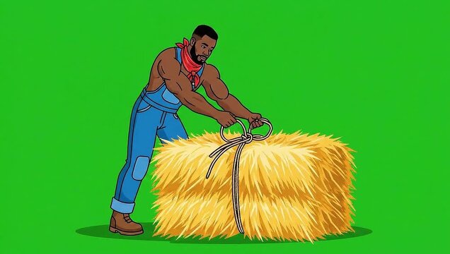 Farmer tying hay bundles for storage vector motion on green screen animation video