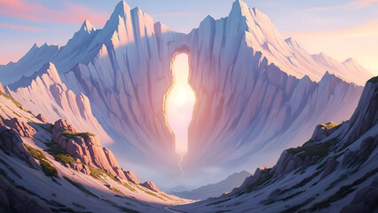 A mountain range with a glowing portal in the center under a blue and pink sky